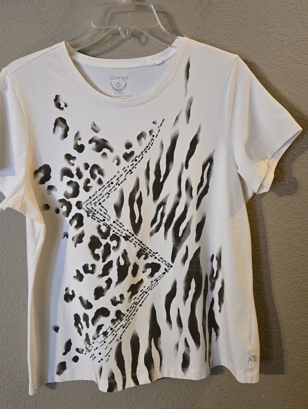 Zenergy by‎ Chicos Womens White Short Sleeve Top Black/Gray Animal Print 3 XL 16